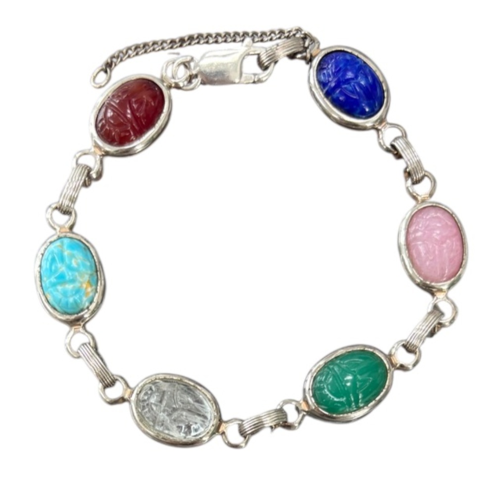 Vintage Scarab Bracelet Silver Retro Jewelry 60s MCM Carved Multicolor Stones - Picture 11 of 12